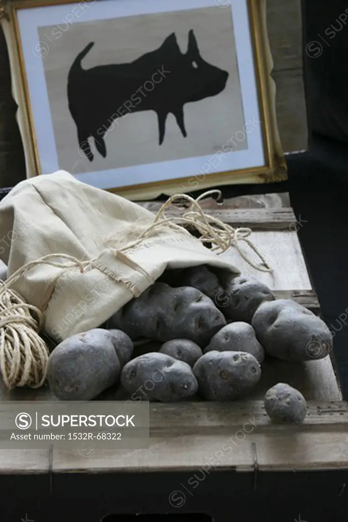 Truffle potatoes in a potato sack, and a drawing of a pig