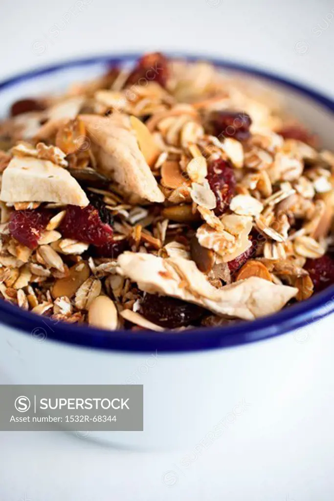 Museli made with rolled oats, dried cranberries, dried apple, desicated coconut and sunflower seeds.