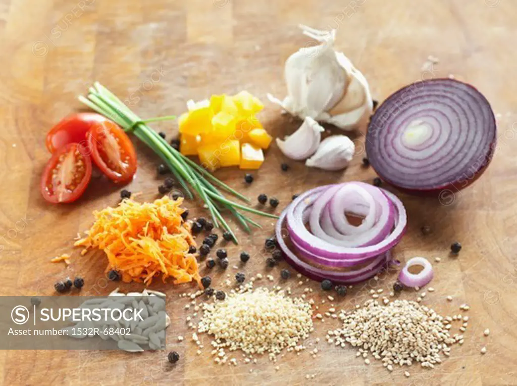 Assorted ingredients on a wooden board
