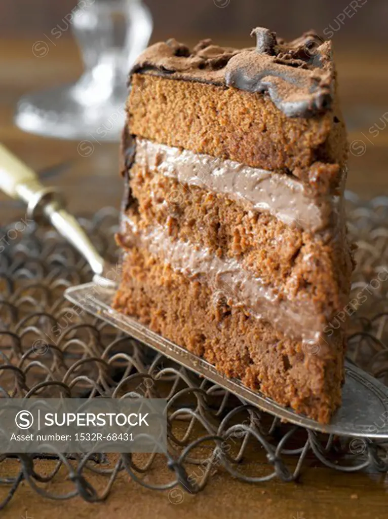 A slice of chocolate torte on a cake slice
