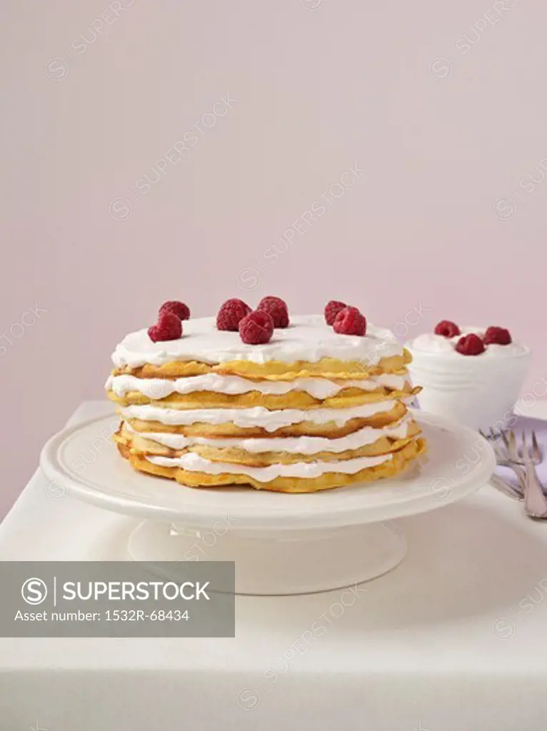 Waffle layer cake with raspberries