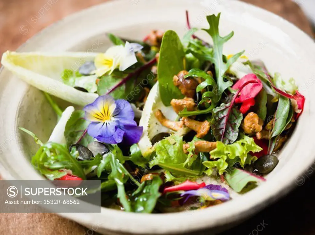 Mixed lettuce with edible flowers and chanterelle mushrooms