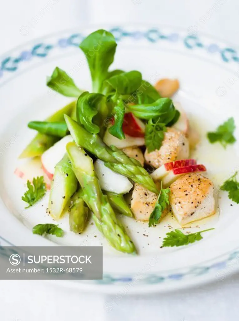 Asparagus and chicken salad with apple and lamb's lettuce