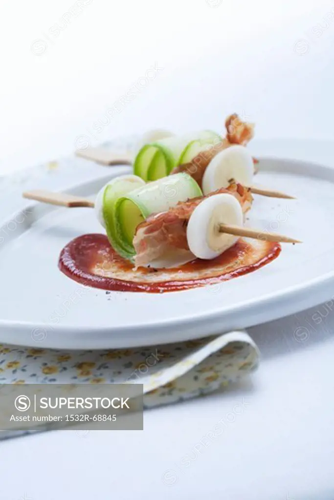 Skewers of egg, courgette and bacon