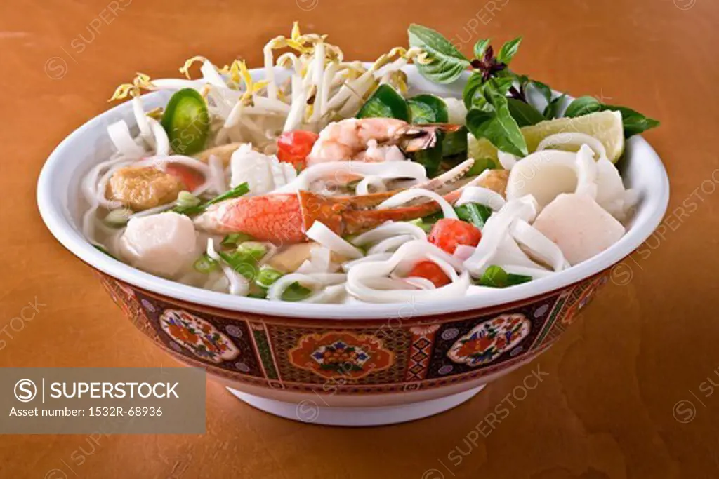 Seafood Pho with Shrimp, Fish and Lobster in a Bowl