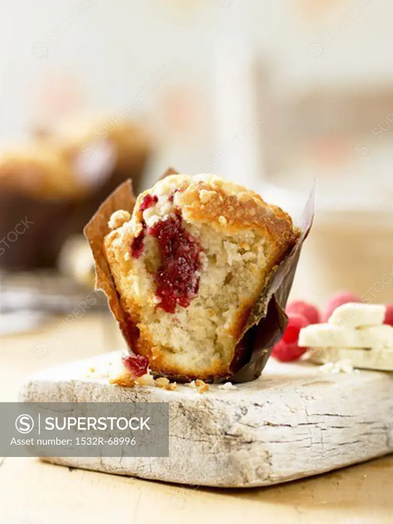 Chocolate and raspberry muffin, cut open