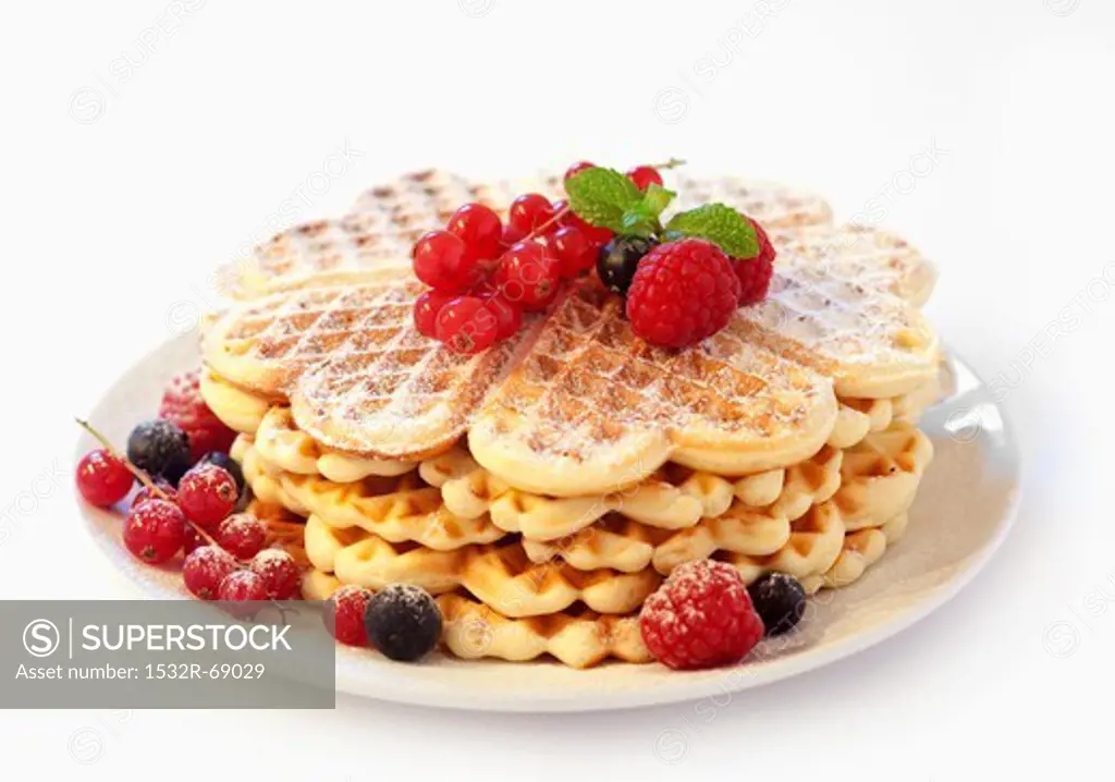 Waffles with raspberries, blueberries and currants (no background)