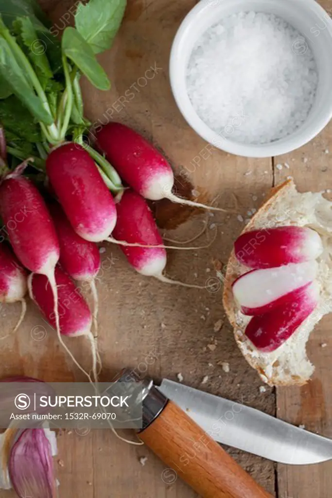Whole radishes and sliced radishes on bread with salt