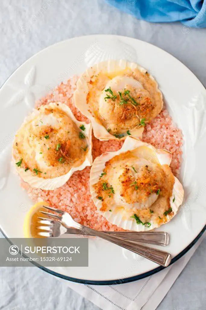 Baked Scallops with Cheese and Wine Sauce on Pink Salt on a White Plate; Forks and Lemon