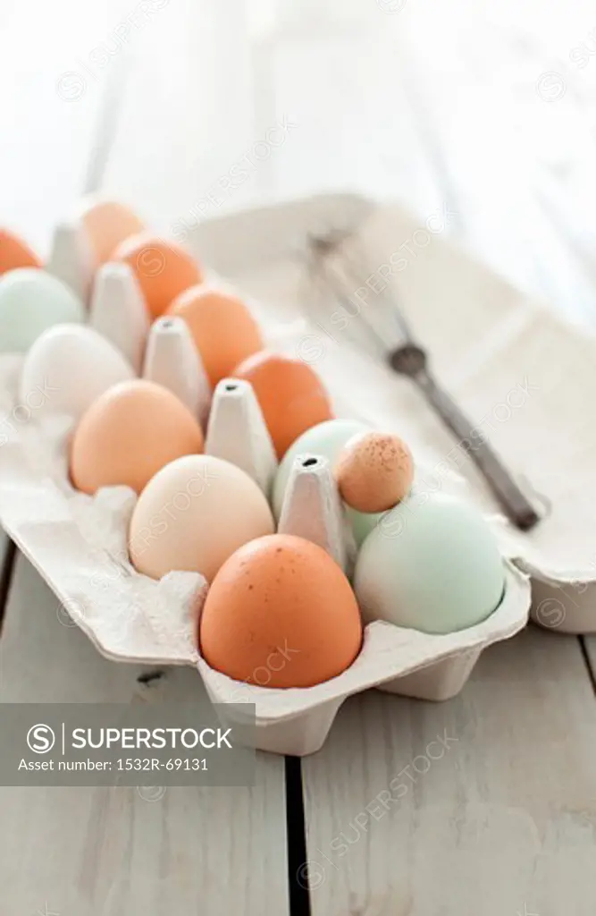 A Variety of Fresh Eggs in a Cardboard Egg Carton; Open with a Whisk