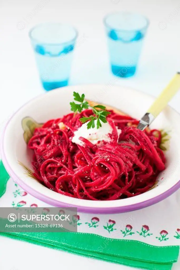 A Bowl of Whole Wheat Linguine with Roasted Beet Puree and Chia Seeds