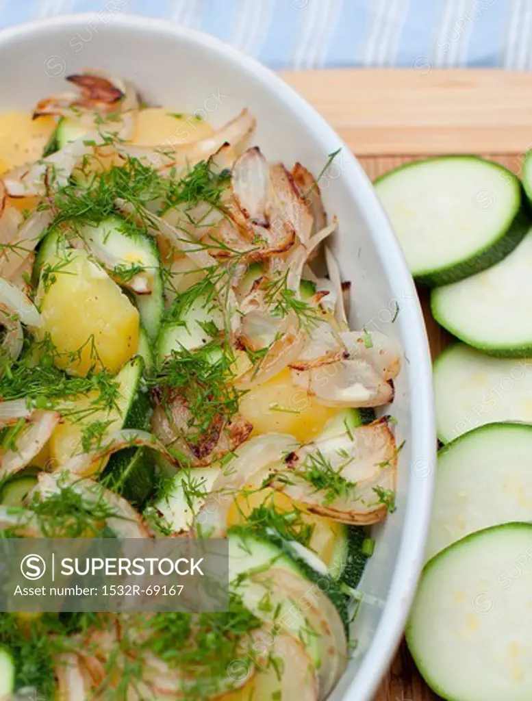 Summer Zucchini and Onion Tian in a Casserole Dish