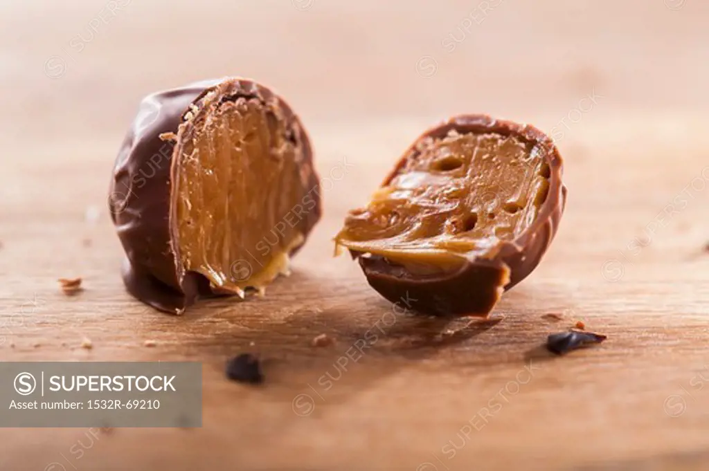 A home-made chocolate truffle, cut in half