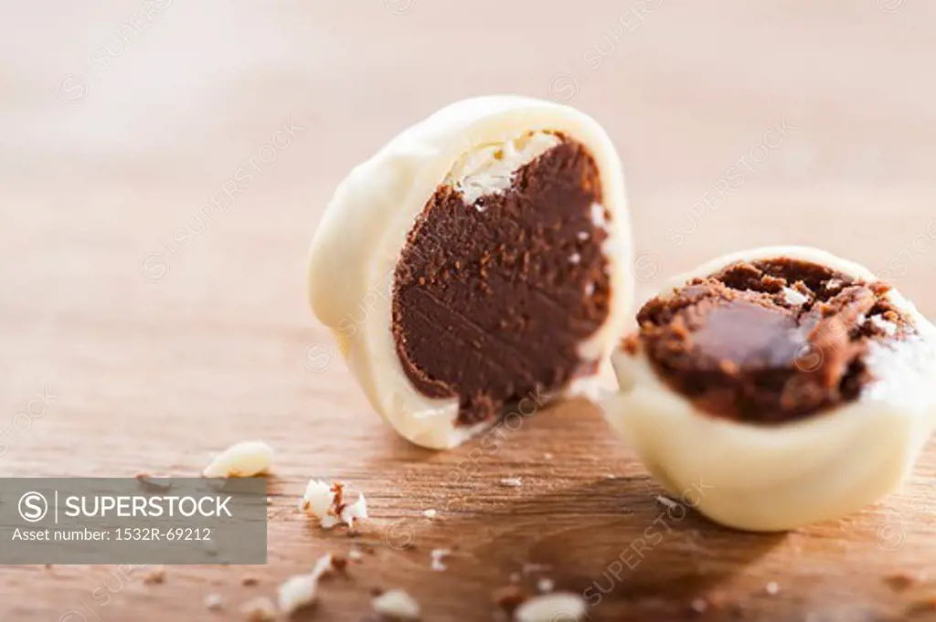 A home-made white chocolate truffle, cut in half