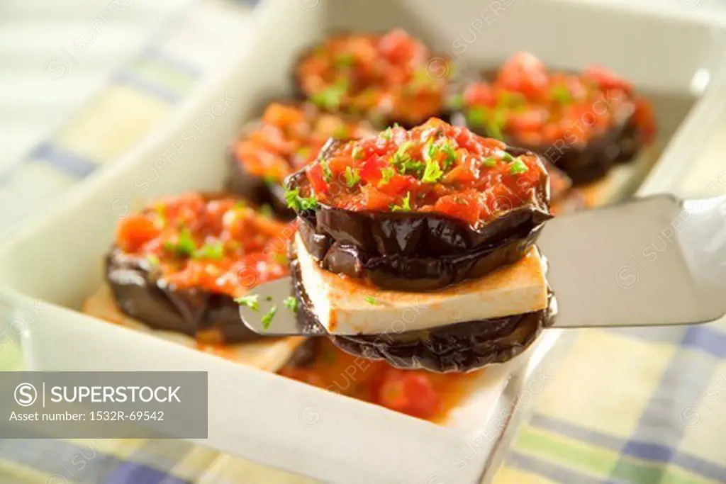 Aubergines with feta and tomatoes