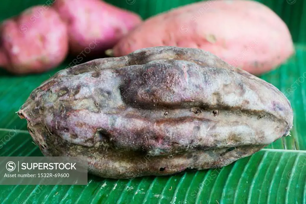 Sweet potatoes on a banana leaf