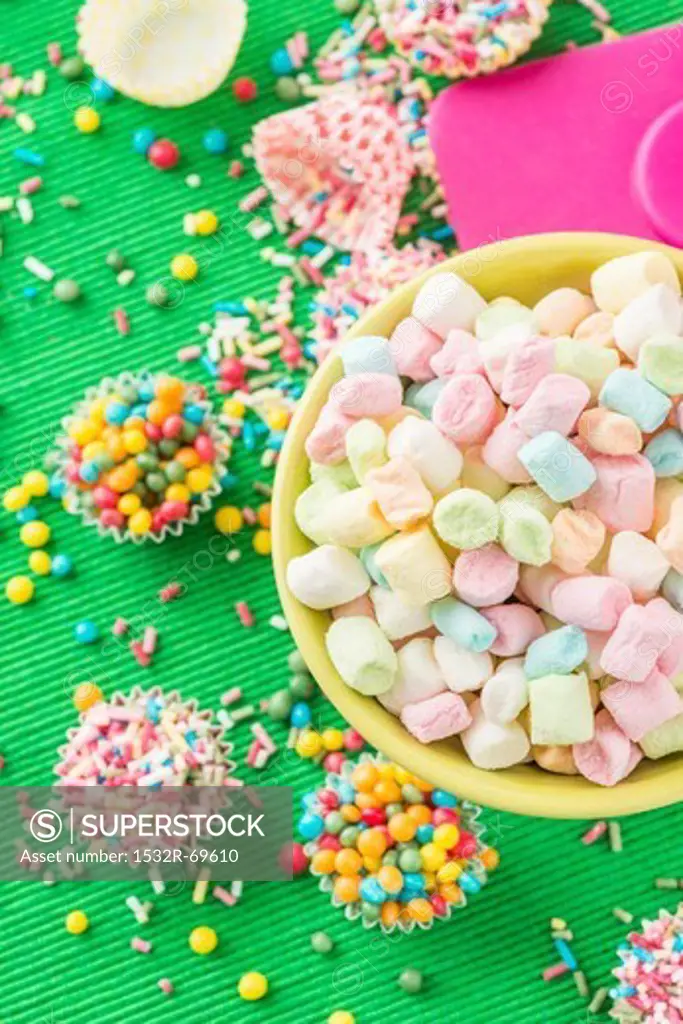 Colourful mini marshmallows, sugar balls and sugar sprinkles