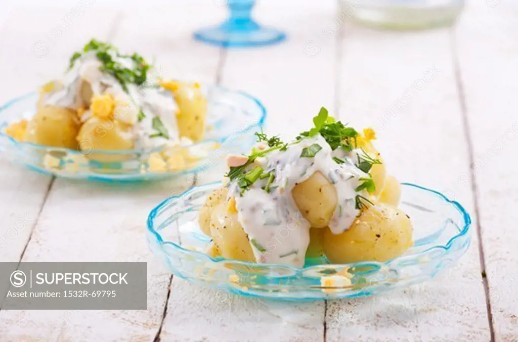 Potato salad with hard-boiled eggs, sour cream, fennel and chives