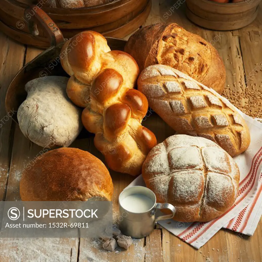 Assorted types of bread and a Hefezopf (sweet bread from southern Germany) on a rustic wooden surface