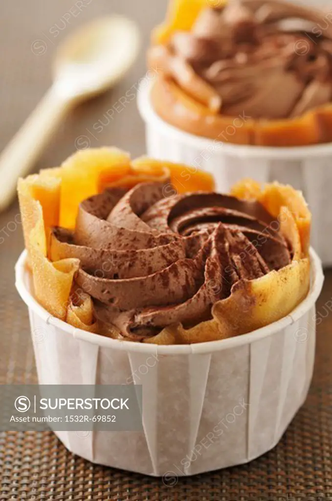 A pancake 'tulip' filled with chocolate mousse