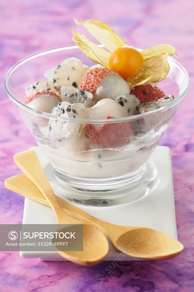 Exotic fruit salad with lychees and dragon fruit