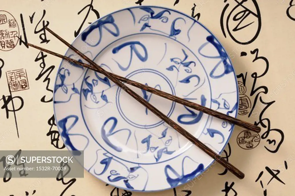 An Asian plate and chopsticks (view from above)