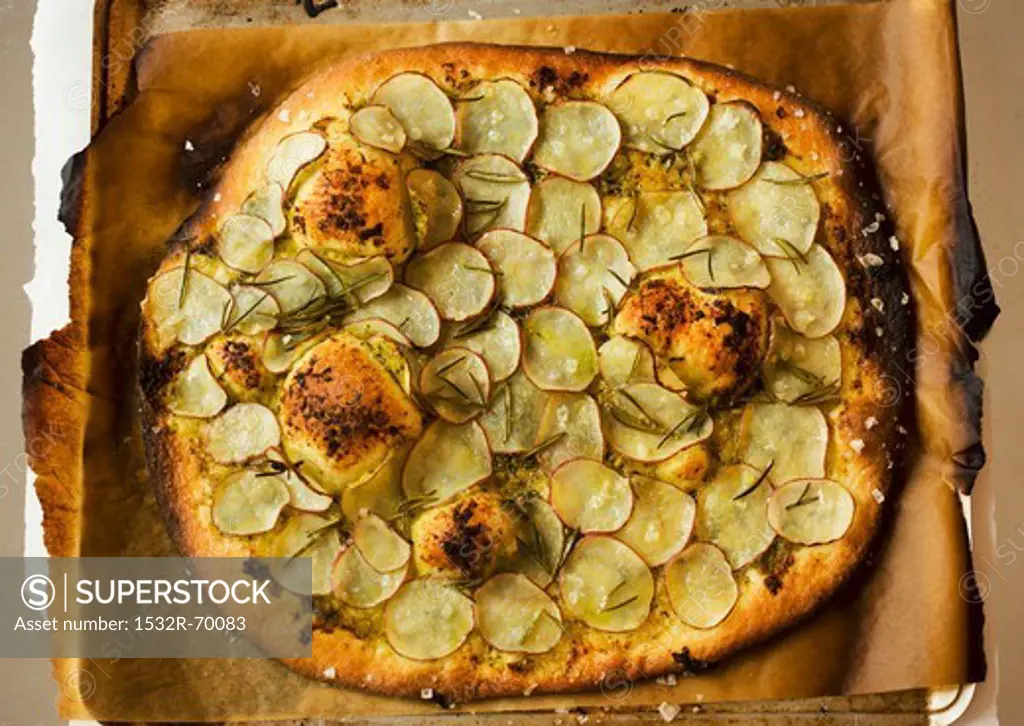 Thin Crust Pizza with Sliced Potato and Rosemary; From Above