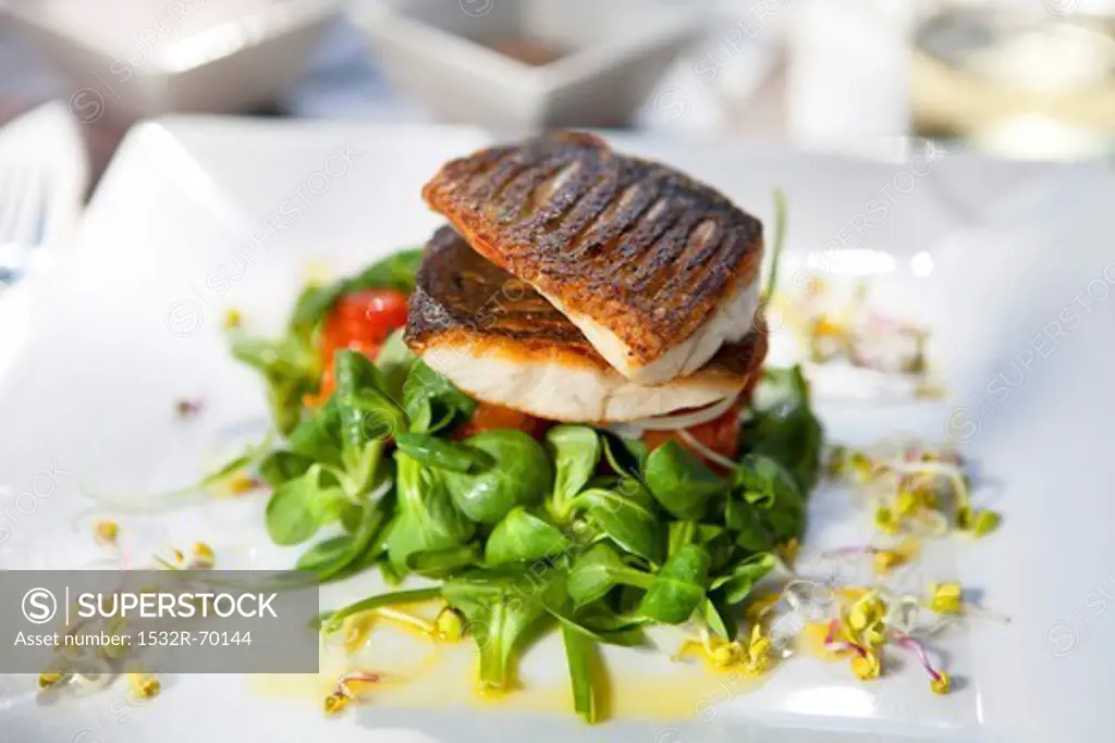 Crispy fried bass on a bed of lamb's lettuce with a lemon dressing