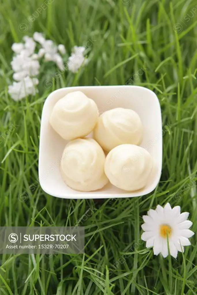 White chocolate truffles in artificial grass