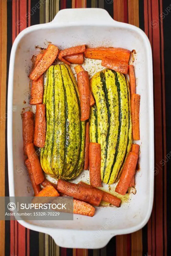 Roasted Squash and Carrots in a Baking Dish