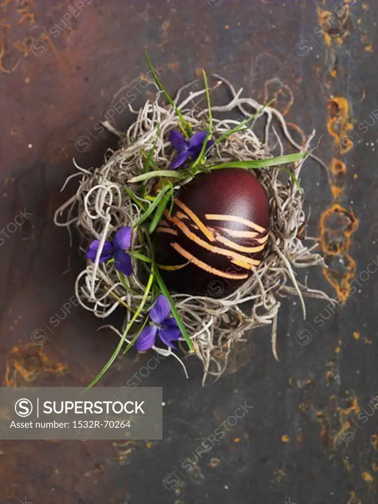 An egg painted in shades of brown for Easter, in a nest (view from above)