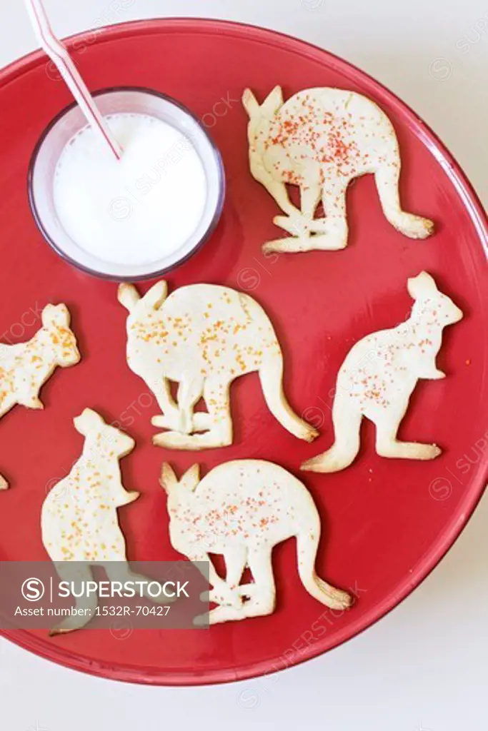 Kangaroo Shaped Cookies on a Red Plate with a Glass of Milk