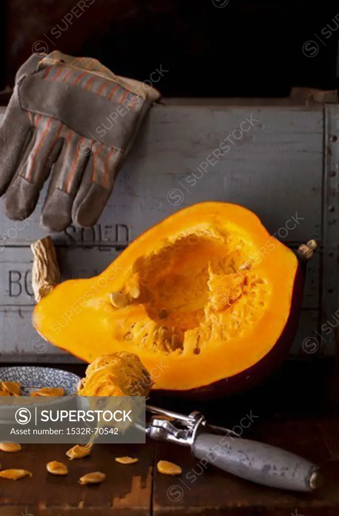 Halved Red Hubbard Squash with Seeds Scooped Out