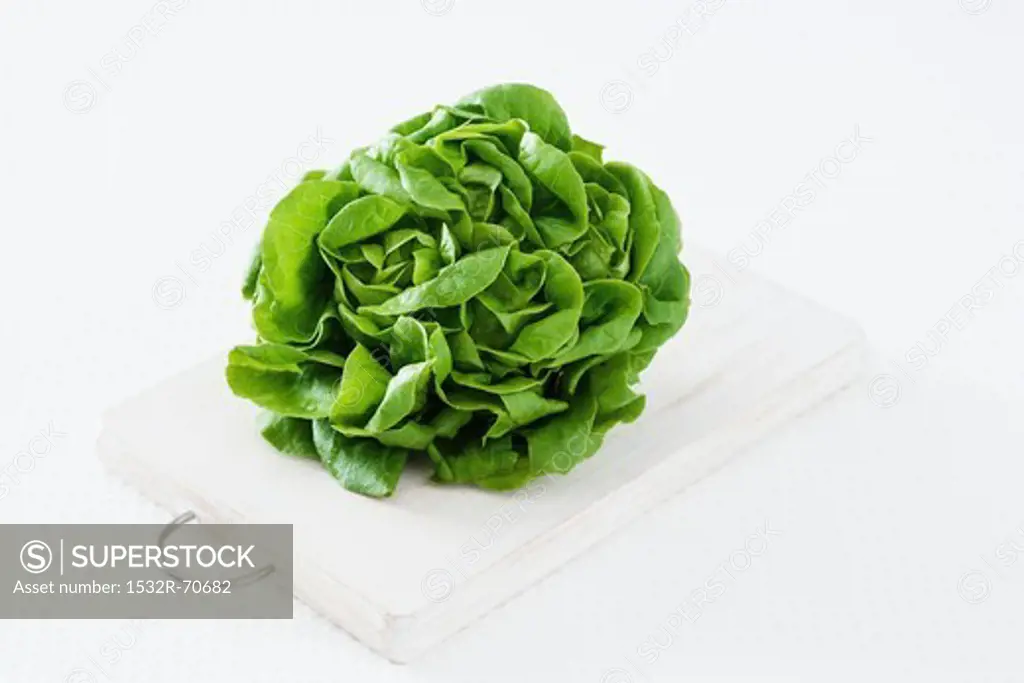 A lettuce on a chopping board against a white background