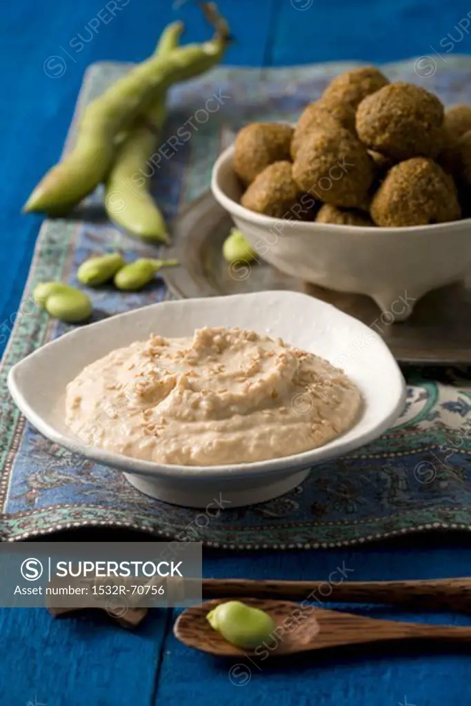 Falafel made with broad beans and chickpeas, served with houmous