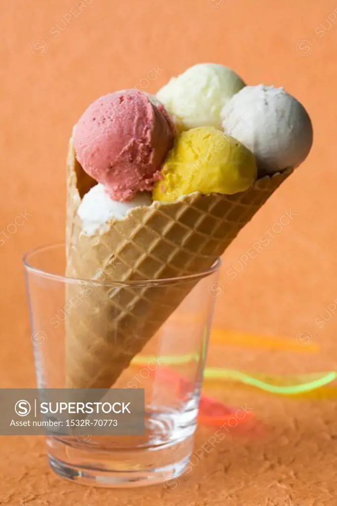 Fruit ice cream in a wafer cone