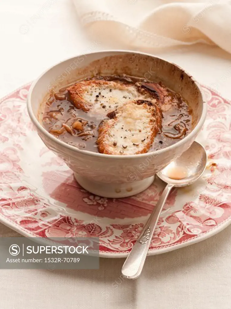 French onion soup topped with cheesy toast