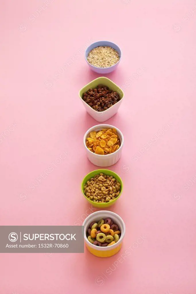 Assorted bowls of breakfast cereal