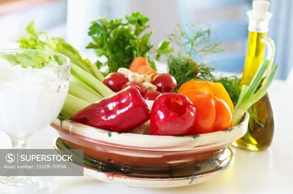 Healthy eating: vegetables, olive oil, yoghurt and quark