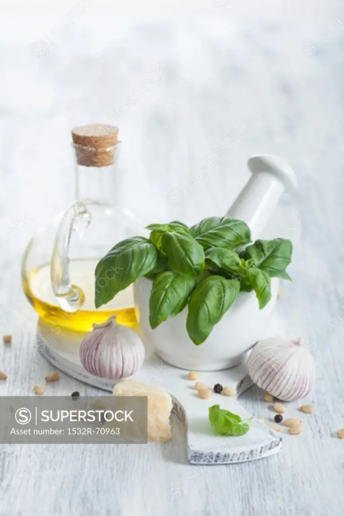 Ingredients for pesto on chopping board