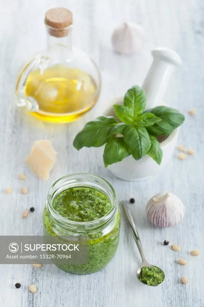 Pesto and ingredients