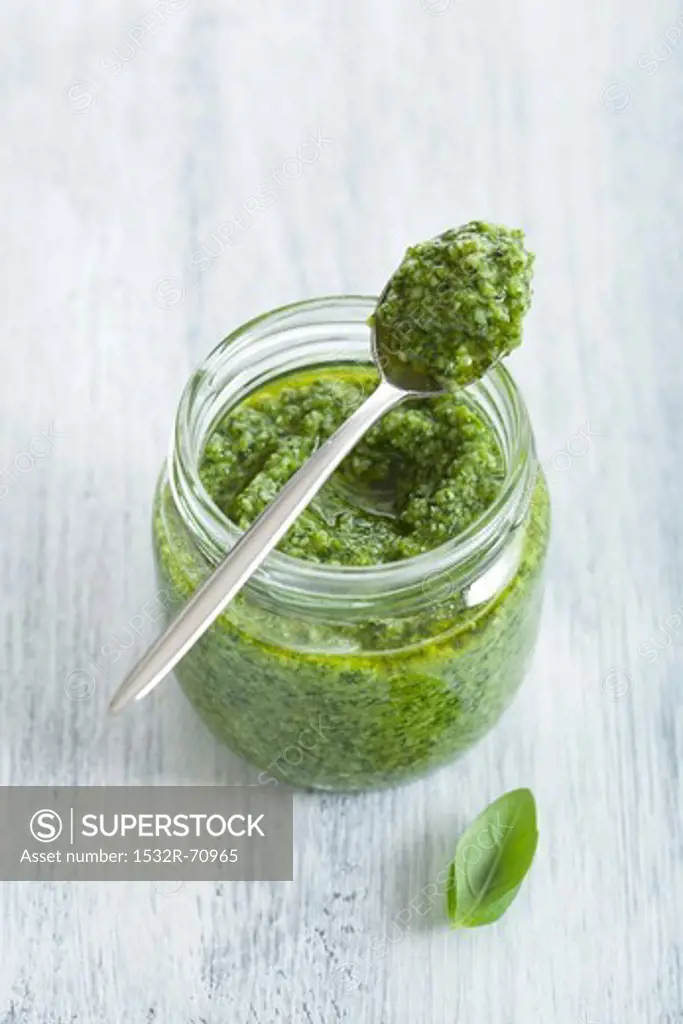 Pesto in jar and on spoon
