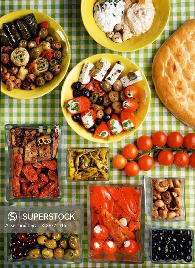 Assorted Mediterranean appetisers (view from above)