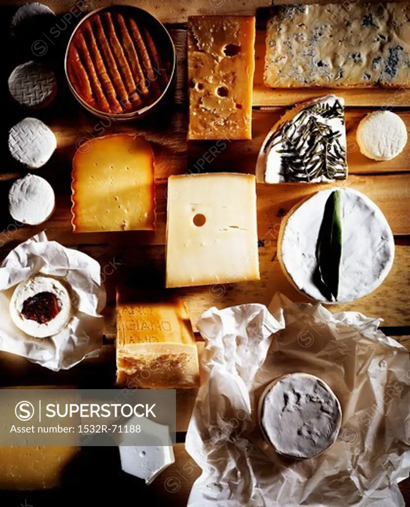 Assorted types of cheese on plywood