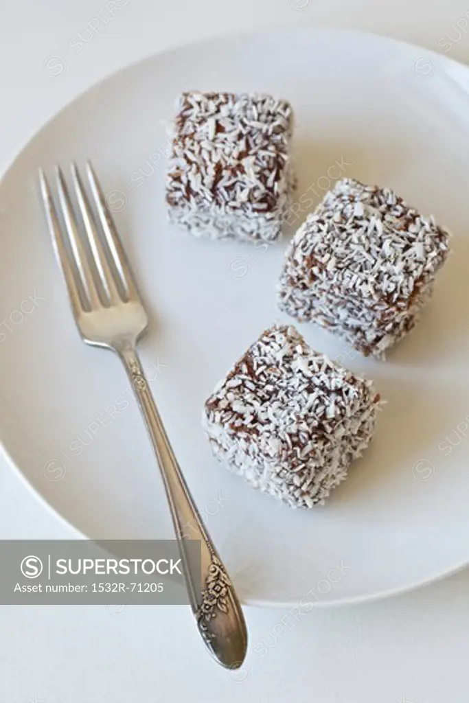 Three Lamingtons on a White Plate; Fork