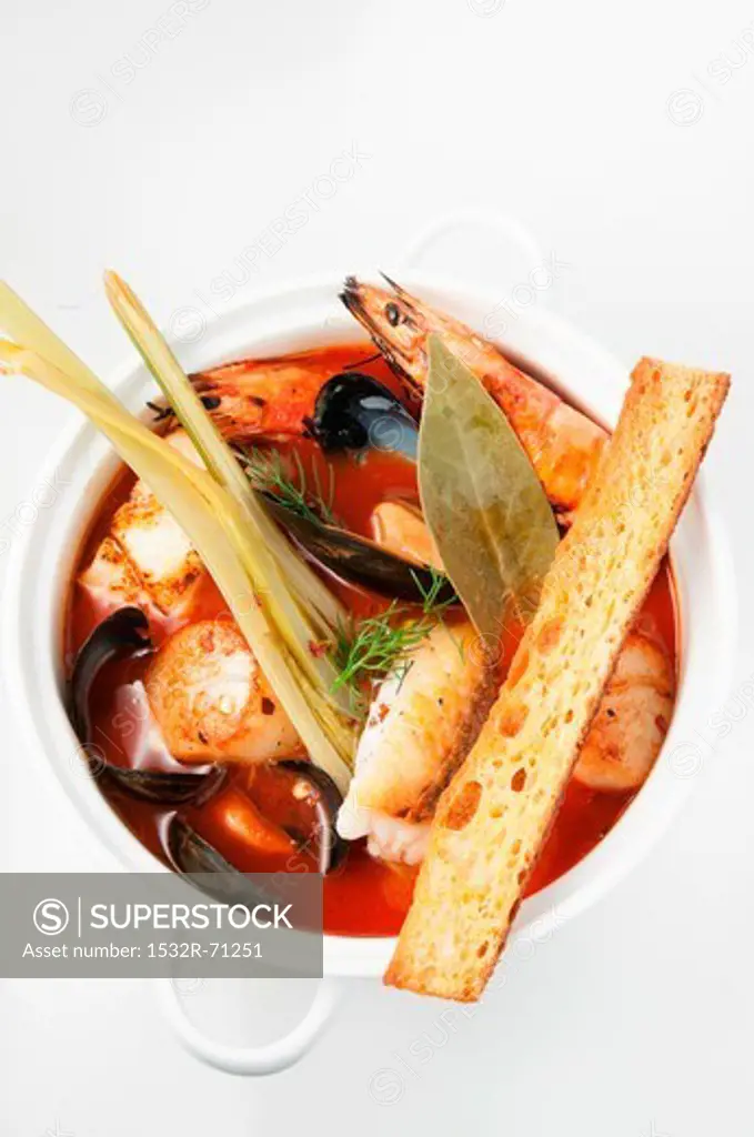 Cioppino (fish soup with mussels, prawns and halibut)