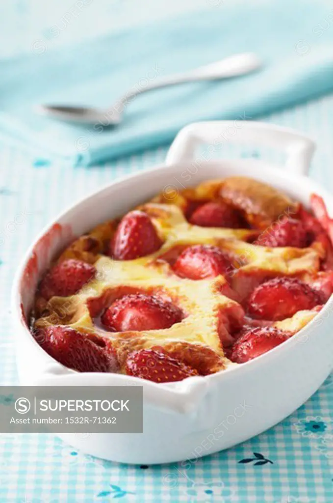 Strawberry clafoutis in the baking dish