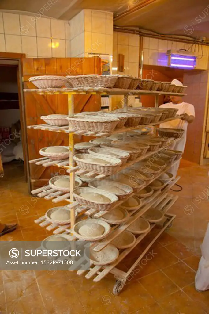 A baker pushing a trolley loaded with unbaked bread in baking baskets