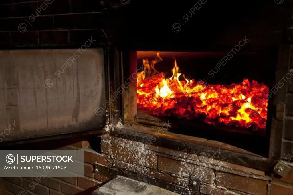A fire in a wood-fired oven