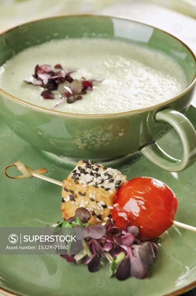 Cucumber gazpacho with a barbecued tofu and tomato skewer